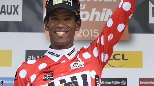 Eritrea's Daniel Teklehaimanot celebrates his polka dot jersey for best climber at the recent Dauphine Criterium race