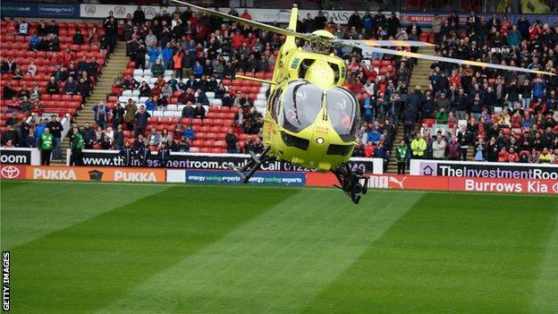 The Yorkshire Air Ambulance takes off from Oakwell