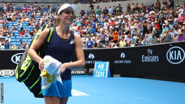 Johanna Konta walks off Margaret Court arena after beating Ekaterina Makarova at the 2017 Australian Open