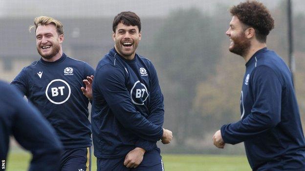 Stuart Hogg, Sean Maitland and Duncan Taylor at Scotland training