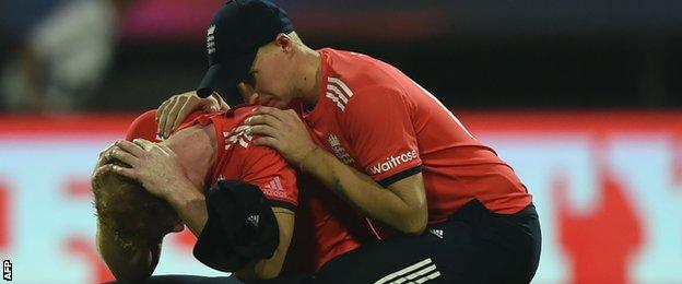 Ben Stokes is comforted by Joe Root