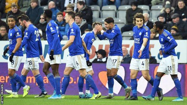 Leicester players (including goalscorers James Maddison and Ayoze Perez - centre) celebrate