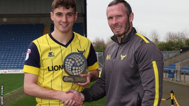 EFL Young Player of the Month for February Ryan Ledson with Oxford United manager Michael Appleton