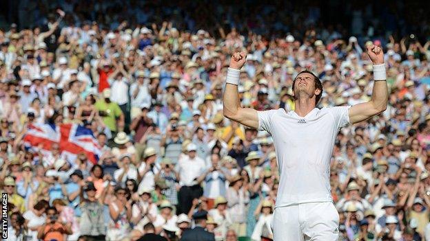 Andy Murray takes the acclaim of a delighted crowd after winning the Wimbledon title in 2013