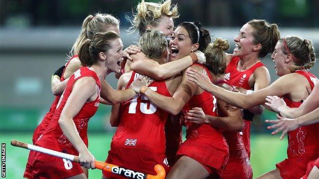 GB Women's hockey team after winning gold at the Rio 2016 Olympics