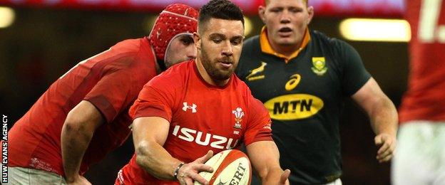 Rhys Webb prepares to kick for Wales against South Africa in 2017