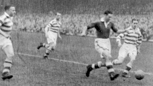 Belfast Celtic trio Jimmy Jones, Joe Douglas and Charlie Tully close in on Linfield's Bob Bryson at Windsor Park in the 1947/48 season