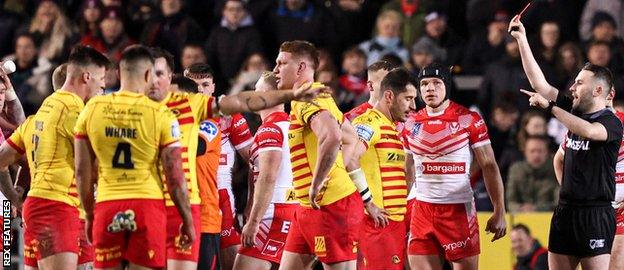 Catalans prop Dylan Napa saw red in round one when he shoulder charged Mark Percival