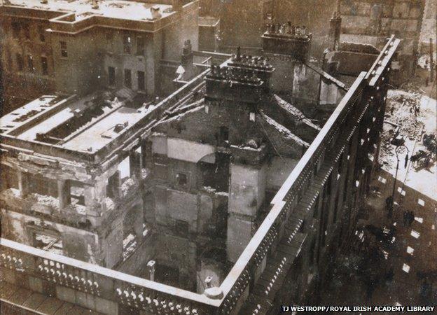 An aerial view of the ruins of the GPO