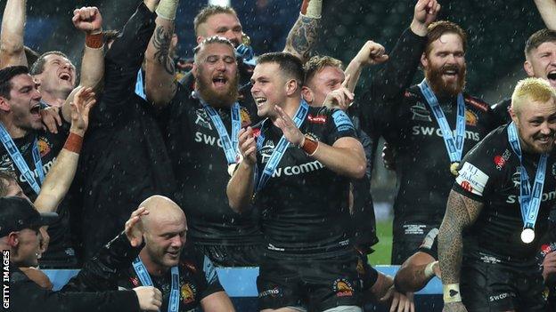 Exeter celebrate winning the Premiership