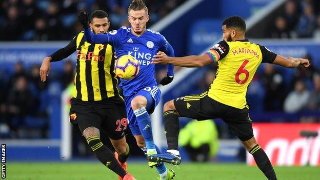 James Maddison escapes the challenges of two Watford defenders