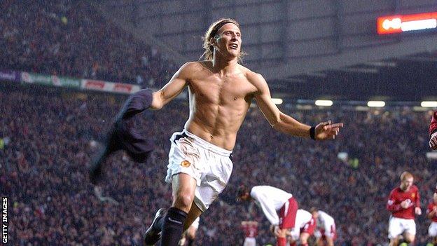 Diego Forlan celebrates scoring for Manchester United against Southampton in November 2002