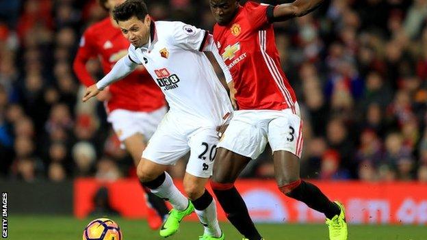 Manchester United's Eric Bailly (right) in action against Watford