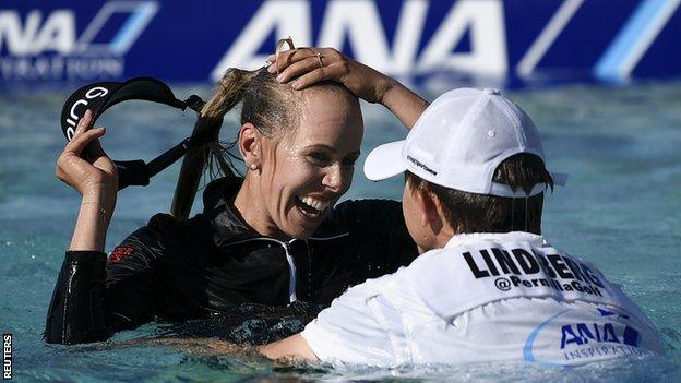 Pernilla Lindberg celebrates winning the ANA Inspiration