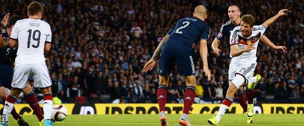 Thomas Muller scores for Germany against Scotland