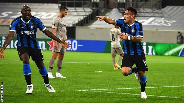 Lautaro Martinez celebrates scoring for Inter Milan against Shakhtar Donetsk