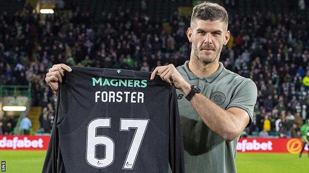 Fraser Forster was reintroduced to the Celtic fans at half-time during their match with AIK