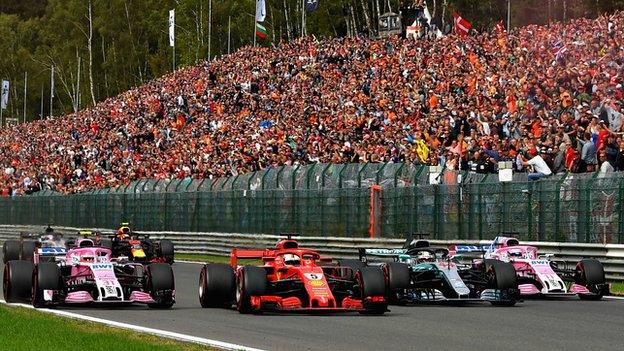 From left, Esteban Ocon, Sebastian Vettel, Lewis Hamilton and Sergio Perez