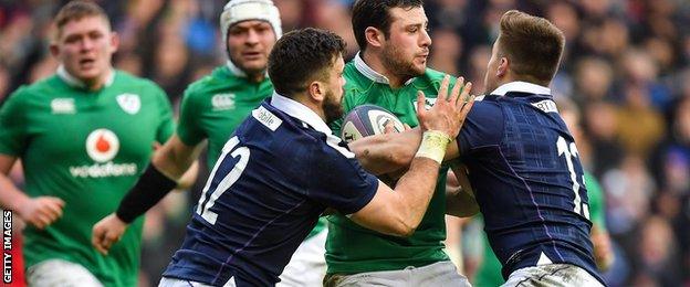 Scotland centres Alex Dunbar and Huw Jones team up for a tackle against Ireland