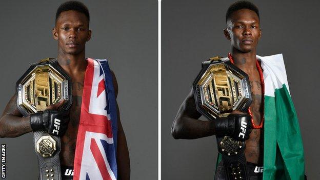 MMA fighter Israel Adesanya poses with a New Zealand flag (left) and with a Nigeria one