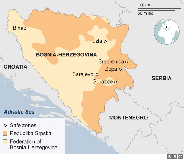 A map showing where the safe zones were in Bosnia