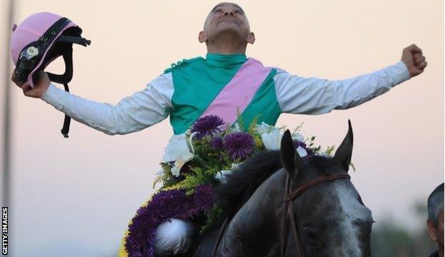 Jockey Mike Smith after winning on Arrogate