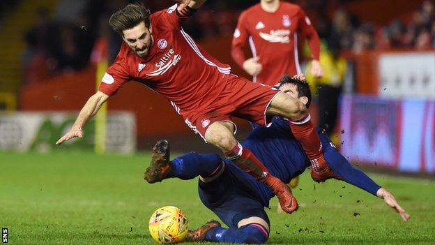 Hearts striker Kyle Lafferty fouls Aberdeen's Graeme Shinnie