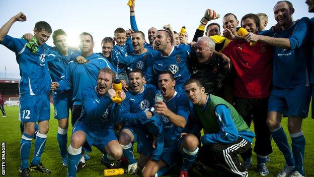 Bangor City players celebrate their Europa League win over Honka in 2010