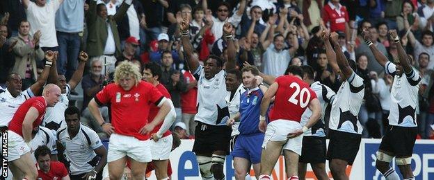 Fiji celebrate beating Wales at the 2007 World Cup