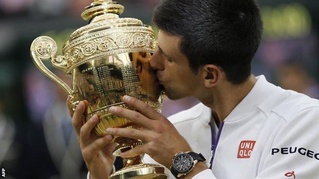 Novak Djokovic celebrates winning Wimbledon