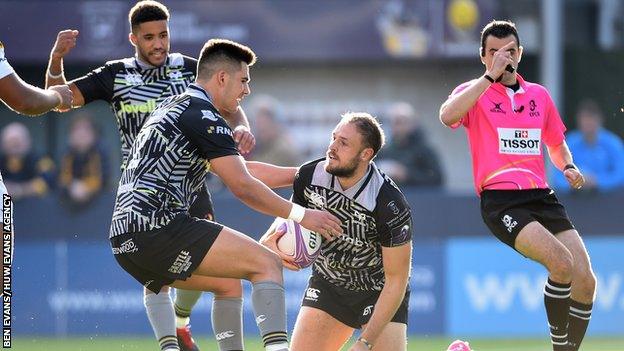 Cory Allen celebrates scoring for Ospreys with Tiaan Thomas-Wheeler (left)