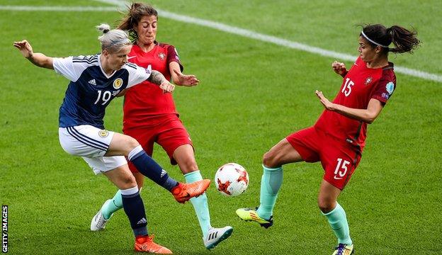 Scotland player Lana Clelland in action against Portugal's Silvia Rebelo and Carole Costa at the 2017 Women's Euros