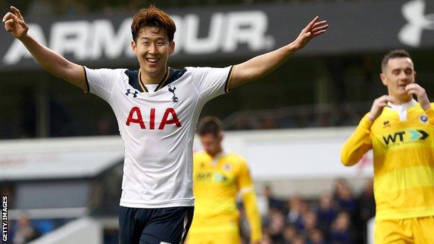 Son Heung-Min celebrates scoring against Millwall in the FA Cup