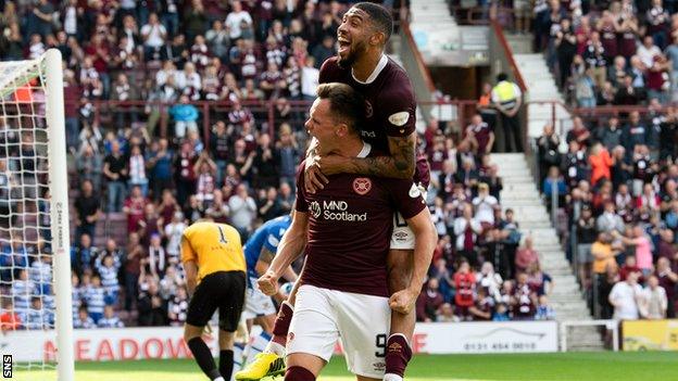 Hearts' Lawrence Shankland and Josh Ginnelly celebrate