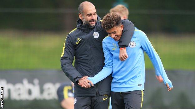 Pep Guardiola and Jadon Sancho in 2016