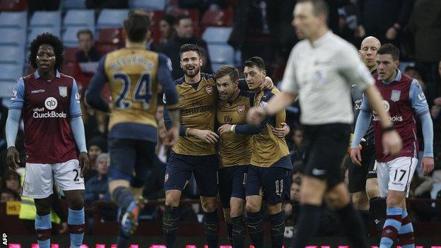 Arsenal players celebrate Aaron Ramsey's goal