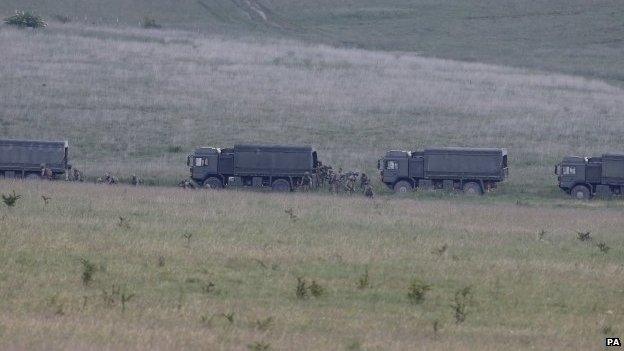 British soldiers on manoeuvres on Salisbury Plain