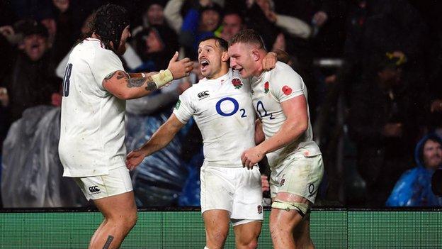 Sam Underhill, Danny Care and Harry Williams prematurely celebrate a try