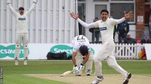 Mohammas Abbas appeals for the wicket of Wayne Madsen on day one at Grace Road