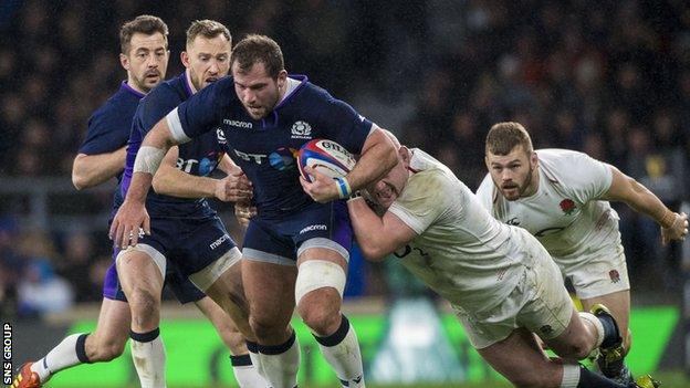 Fraser Brown in action for Scotland against England at Twickenham in 2019