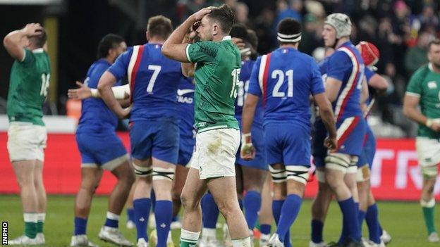 Hugo Keenan dejected after Ireland lose to France