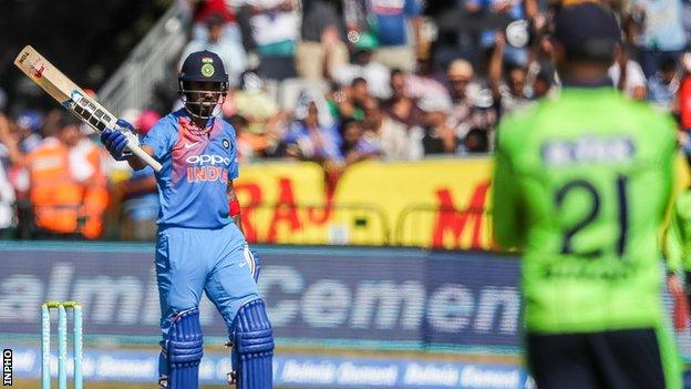 India opener KL Rahul celebrates bringing up his half-century against Ireland in the second T20