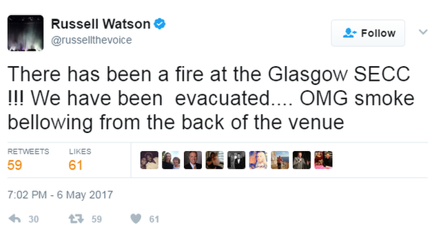 There has been a fire at the Glasgow SECC!!! We have been evacuated... OMG smoke bellowing from the back of the venue.