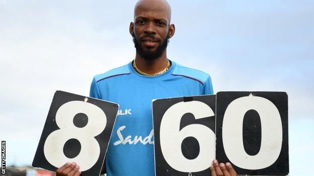 West Indies' Roston Chase celebrates figures of 8-60