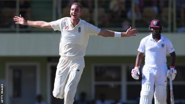 England bowler Stuart Broad celebrates taking a hat-trick against a Cricket West Indies President's XI