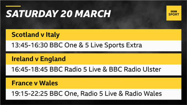 A graphic reading: Saturday 20 March. Scotland v Italy 13:45-16:30 BBC One & 5 Live Sports Extra. Ireland v England 16:45-18:45 BBC Radio 5 Live & BBC Radio Ulster. France v Wales 19:15-22:25 BBC One, Radio 5 Live & Radio Wales