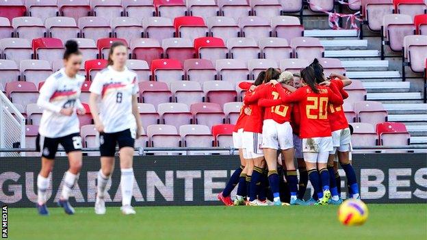 Spain's players celebrate taking the lead against Germany in the Arnold Clark Cup at Middlesbrough