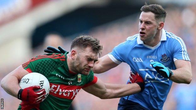 Mayo's Aidan O'Shea battles with Dublin's Philly McMahon at Croke Park