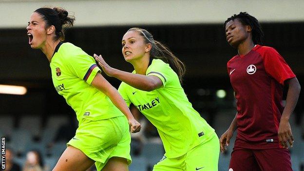 Barcelona's Marta Torrejon and Lieke Martens celebrate against Kazygurt