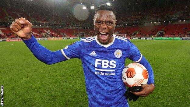 Leicester City striker Patson Daka celebrates his four-goal haul against Spartak Moscow